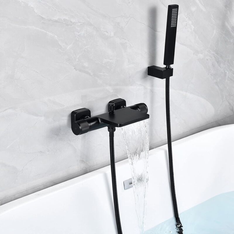 foto del prodotto rubinetto per vasca da bagno a cascata con montaggio a parete nero, miscelatore per vasca da bagno a cascata con montaggio a parete, miscelatore per