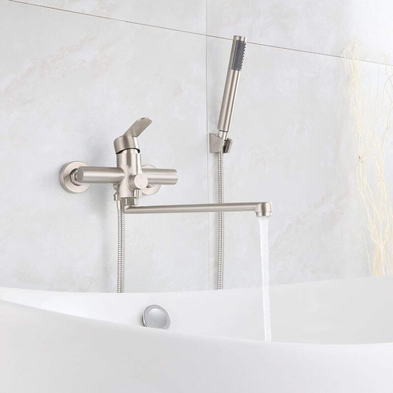 foto del prodotto rubinetto per vasca da bagno, rubinetto per vasca da bagno con doccetta, leva singola rotonda, montaggio a parete, rubinetto per doccia in acciaio