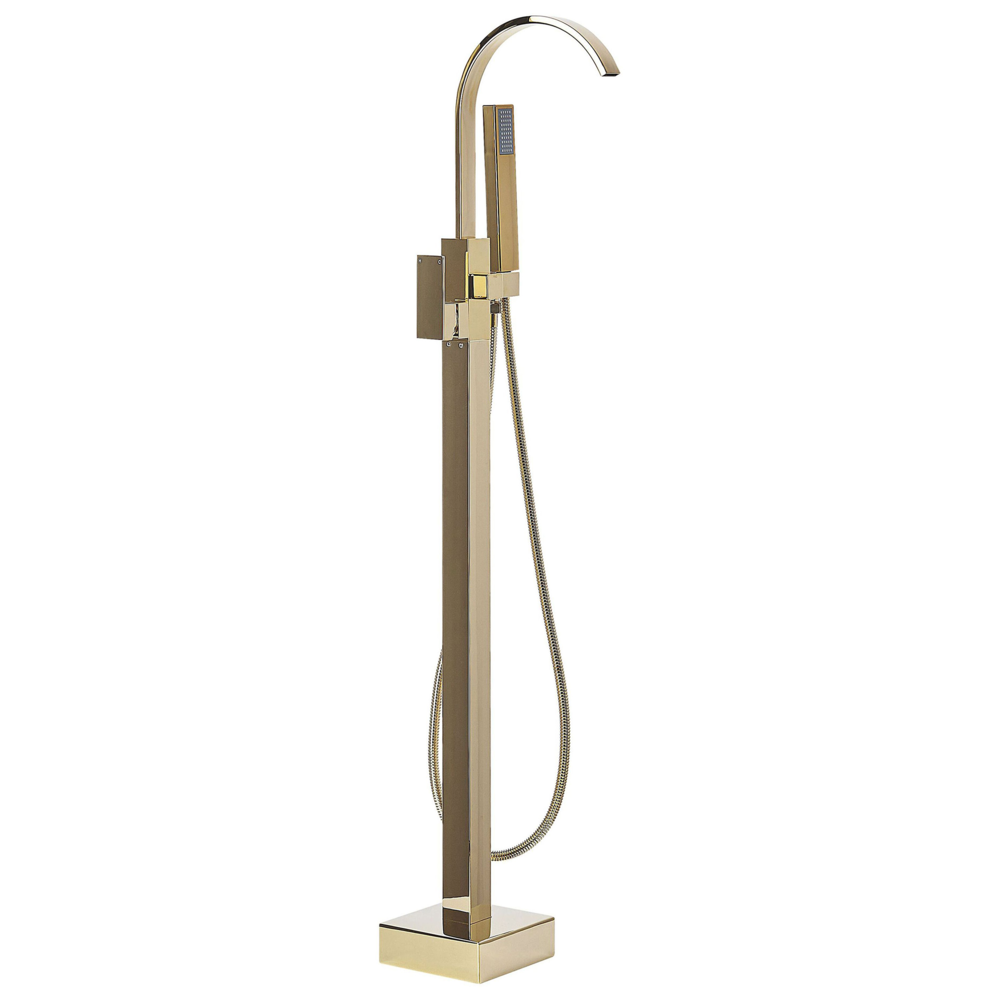 foto del prodotto rubinetto per vasca da bagno rubinetto per vasca freestanding in ottone dorato lucido con doccetta a pavimento design moderno