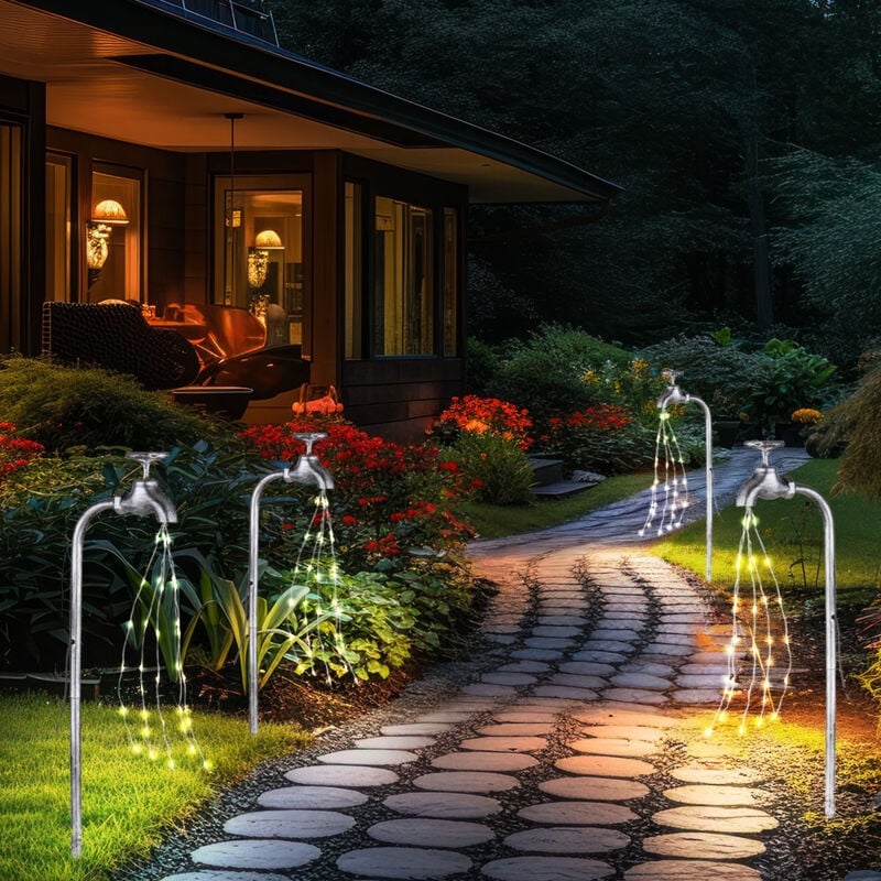 foto del prodotto rubinetto solare decorativo da giardino con luce esterna, presa solare da giardino per uso esterno, metallo argento, 60x led bianco caldo, lxpxa