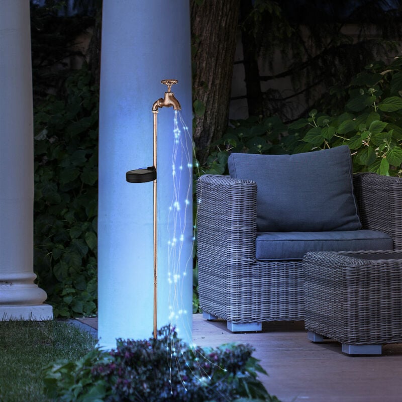 foto del prodotto rubinetto solare rubinetto decorativo da giardino con luce esterna presa solare da giardino per esterno, effetto fuoco, metallo oro, 60x led bianco