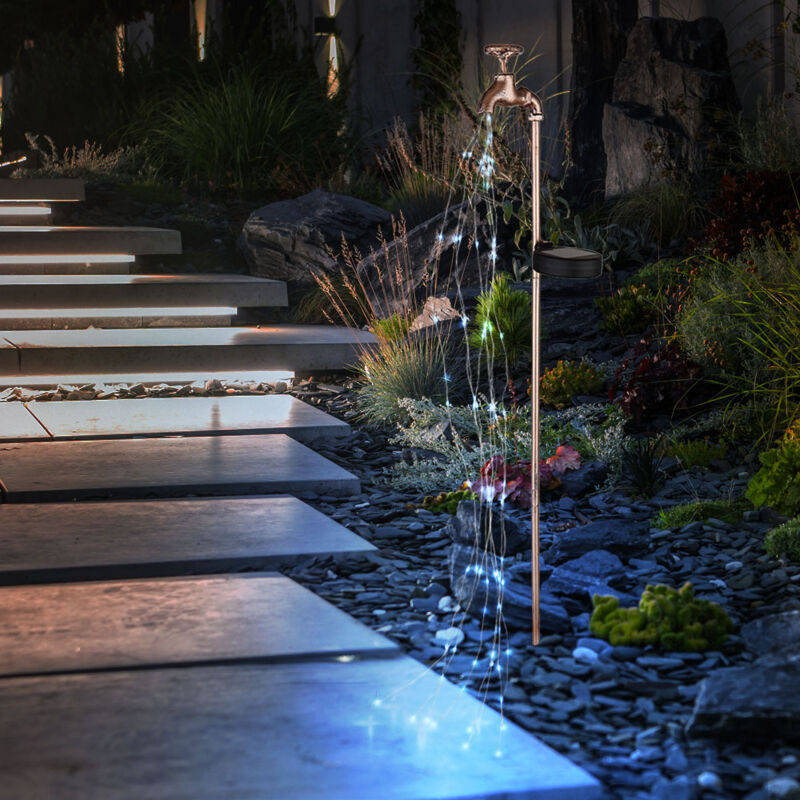 foto del prodotto rubinetto solare rubinetto decorativo da giardino con luce esterna presa solare da giardino per esterno, effetto fuoco, metallo oro, 60x led bianco