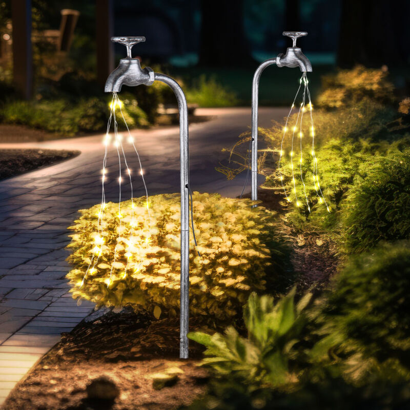 foto del prodotto rubinetto solare rubinetto decorativo da giardino con luce esterna spina solare da giardino per esterno, metallo argento, 60x led bianco caldo, lxpxa