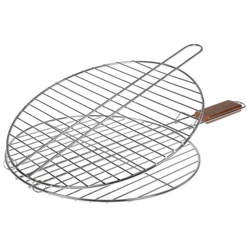 foto del prodotto ruecab 1092 griglia rotonda per il barbecue, in acciaio inox, manico in legno argento, dimensioni 2,5 x 38 x 67 cm