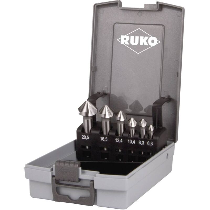 foto del prodotto ruko 102152ro kit svasatori conici 6 parti 6.3 mm, 8.3 mm, 10.4 mm, 12.4 mm, 16.5 mm, 20.5 mm hss alberino cilindrico 1