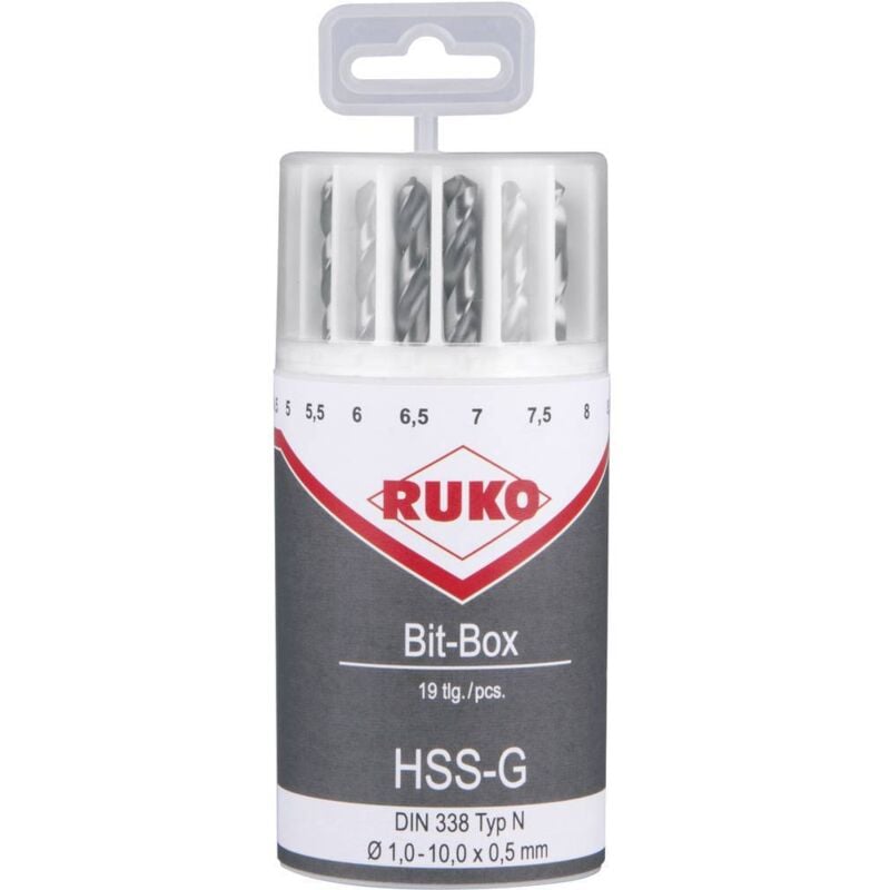 foto del prodotto ruko 214225 hss g kit punte a spirale da metallo 19 parti din 338 alberino cilindrico 1 kit