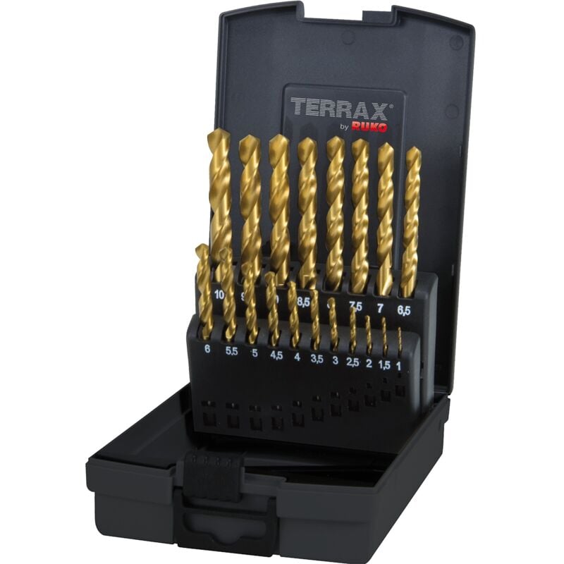 foto del prodotto ruko terrax by set di punte elicoidali din 338 tipo n hss g tin in cassetta di plastica, a250 214tro