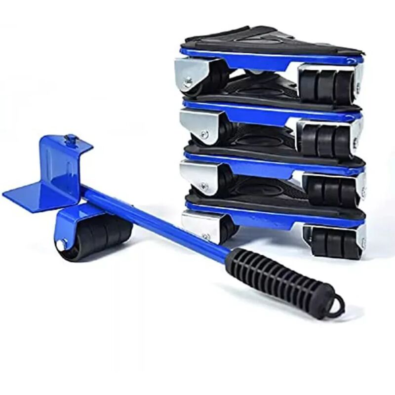 foto del prodotto rullo angolare girevole a 360 x4, sollevatore per mobili pesanti, sollevatore per mobili da 5 pezzi, carrello di trasporto con portata di 300 kg, blu