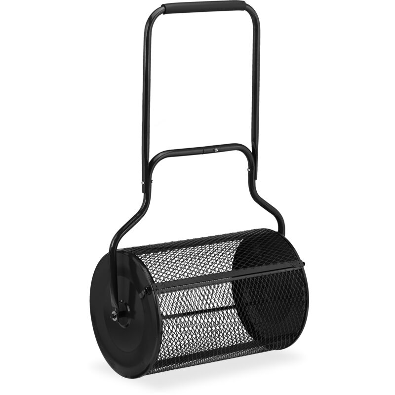 foto del prodotto rullo spandiconcime prato, carrello 75 l per semina giardino, hlp 118x68x40 cm, spargi semi e concime, nero relaxdays