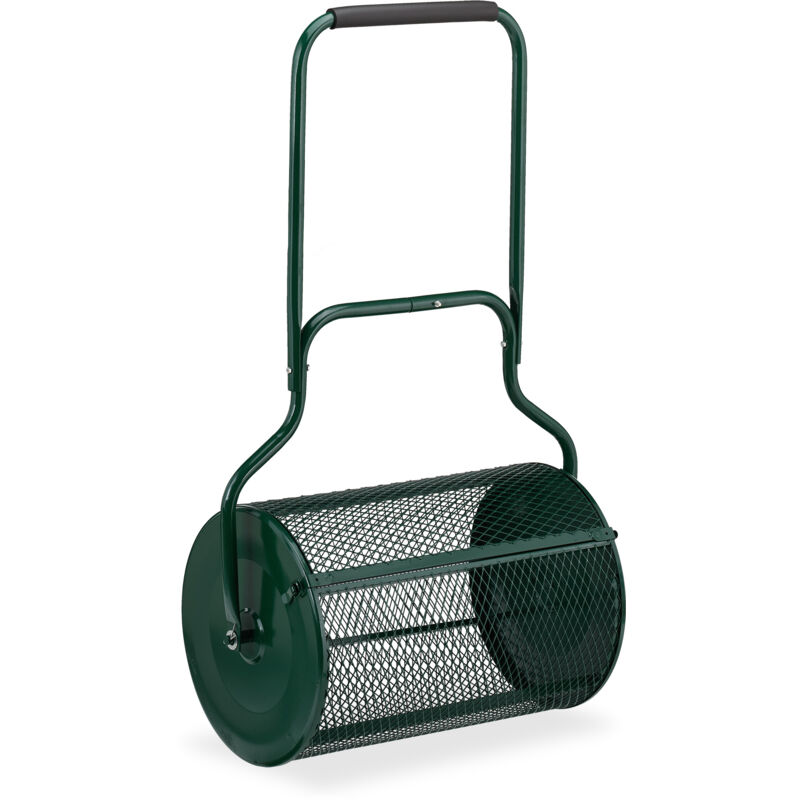 foto del prodotto rullo spandiconcime prato, carrello 75 l per semina giardino, hlp 118x68x40 cm, spargi semi e concime, verde relaxdays