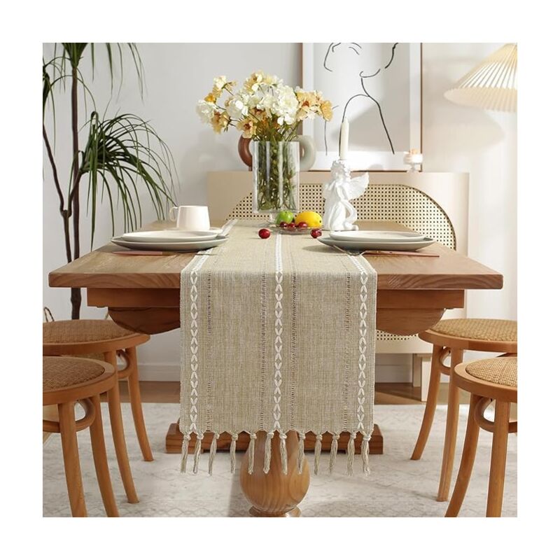 foto del prodotto runner da tavola in lino rustico con pon pon fatti a mano, in stile rustico, per banchetti e decorazioni della sala da pranzo, 33 x 200 cm