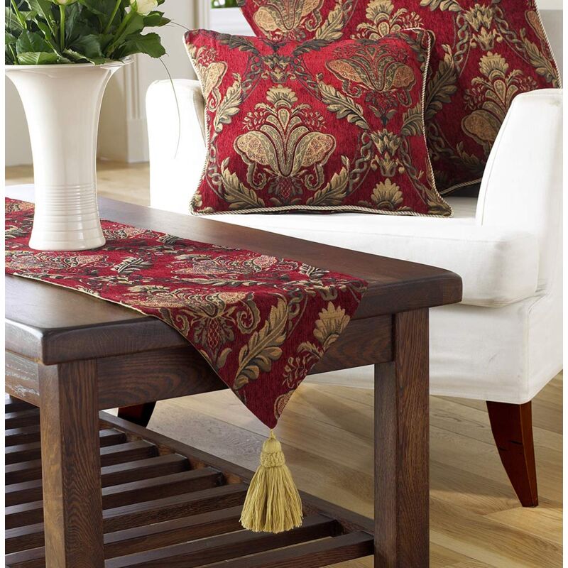 foto del prodotto runner da tavola shiraz bordeaux rosso e oro ricamato damascato jacquard rivestimento antiscivolo nappe 100 poliestere 33 x 230 cm 33 x