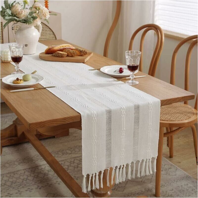 foto del prodotto runner da tavolo beige crema 38x183cm runner da tavolo boho con nappe runner da tavolo in stile rustico per cena, festa, vacanza, sala da pranzo,