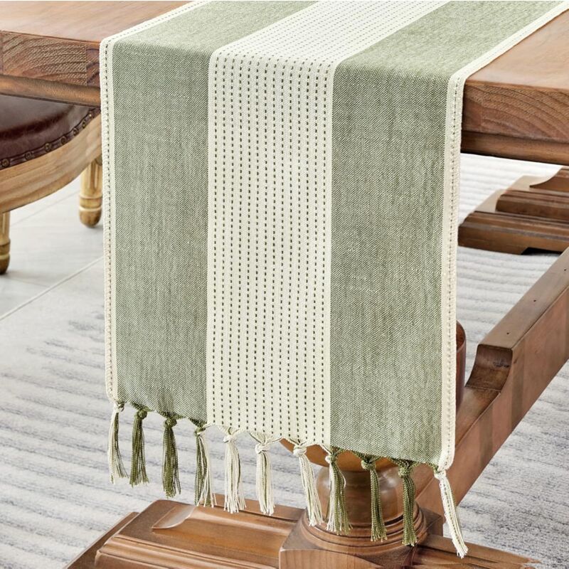 foto del prodotto runner da tavolo in cotone e lino macram lungo 120 cm con nappe, fatto a mano in stile rustico, per feste e uso quotidiano verde salvia, 120 cm 