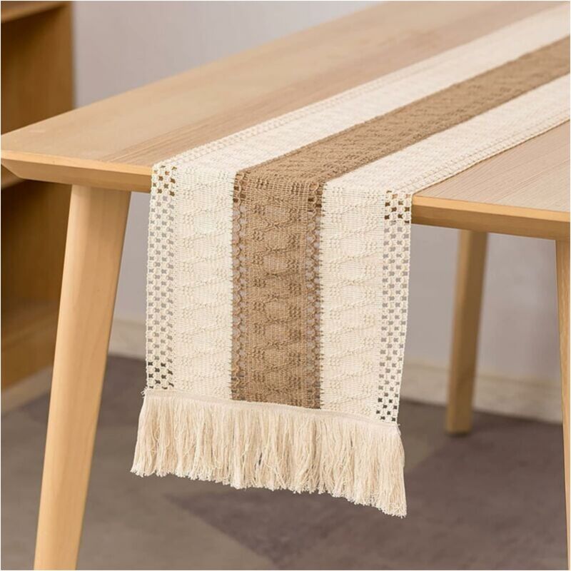 foto del prodotto runner da tavolo in macram da 30x280 cm, runner da tavolo da pranzo in cotone e lino naturale, decorazione da tavolo con nappe a forma di dente
