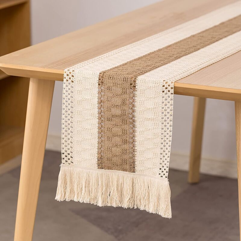 foto del prodotto runner da tavolo in macram , runner da tavolo da pranzo 180 cm in cotone e lino naturali, decorazione da tavolo con nappe in pizzo all uncinetto