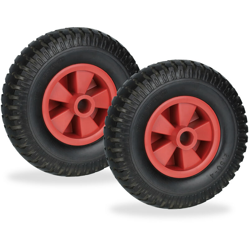 foto del prodotto ruota carriola 2.50 4, set da 2, gomma piena antipanne con cerchione in plastica, ruotino, 80 kg, nero rosso relaxdays
