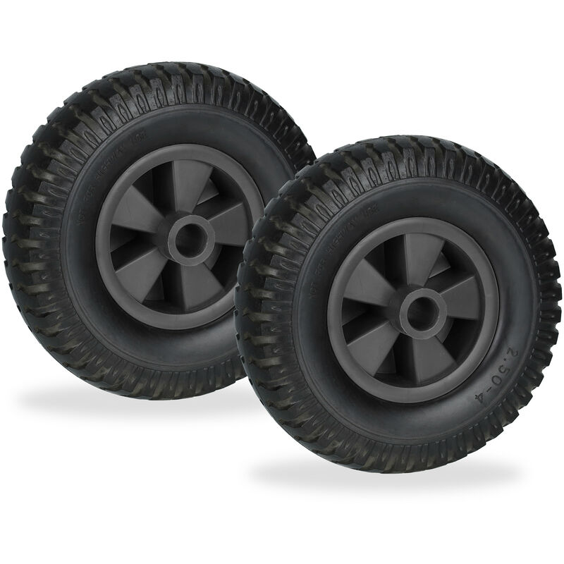 foto del prodotto ruota carriola 2.50 4, set da 2, gomma piena antipanne con cerchione in plastica, ruotino, fino a 80 kg, nero relaxdays