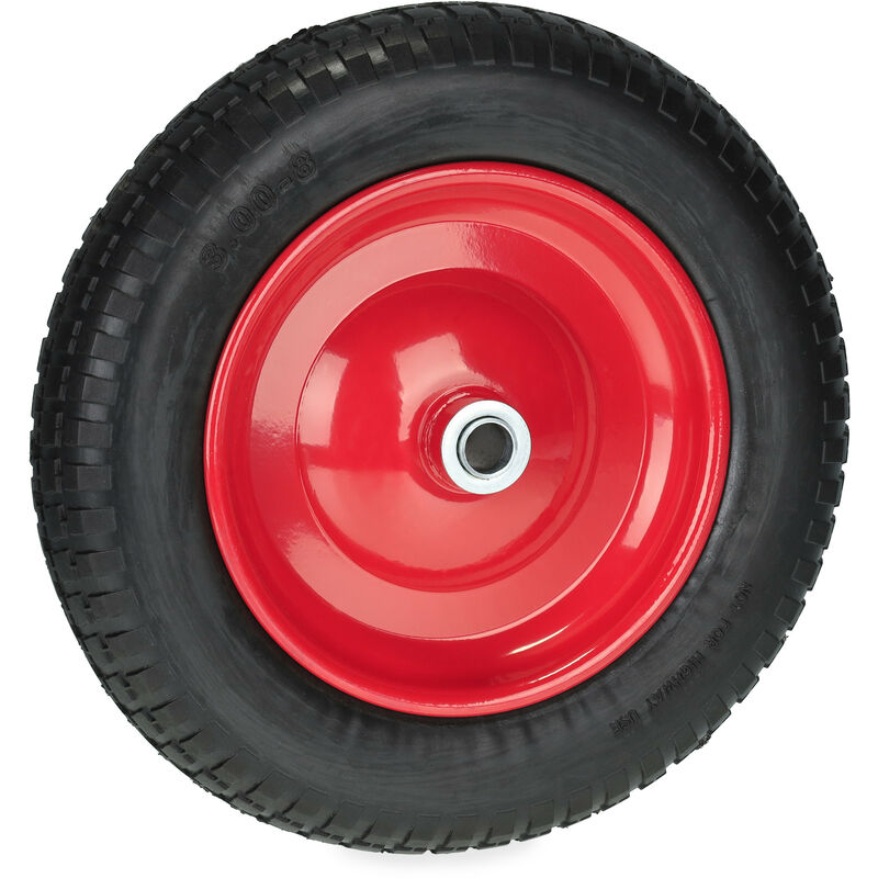 foto del prodotto ruota carriola 3.00 8, gomma piena antipanne con cerchione in acciaio, ruotino, fino a 80 kg, nero rosso relaxdays