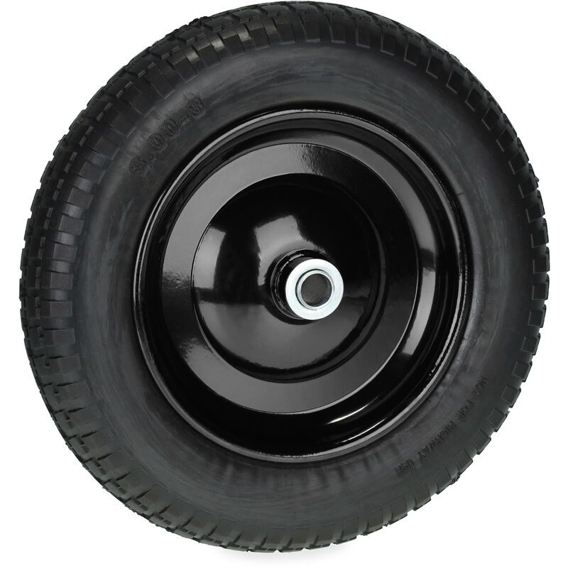 foto del prodotto ruota carriola 3.00 8, gomma piena antipanne con cerchione in plastica, ruotino carrello, fino a 80 kg, nero relaxdays