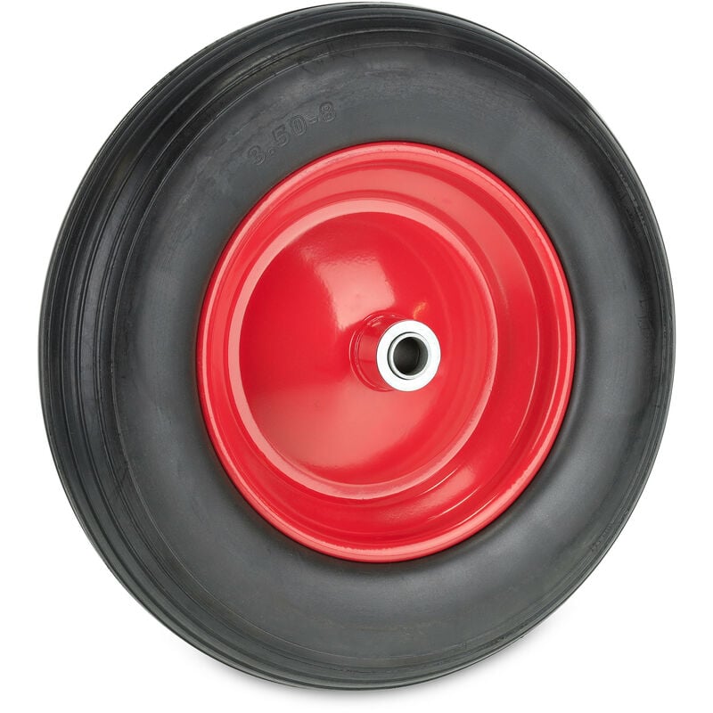 foto del prodotto ruota carriola 3.50 8, pneumatico in gomma piena con cerchione in acciaio, antipanne fino a 100 kg, nero rosso relaxdays