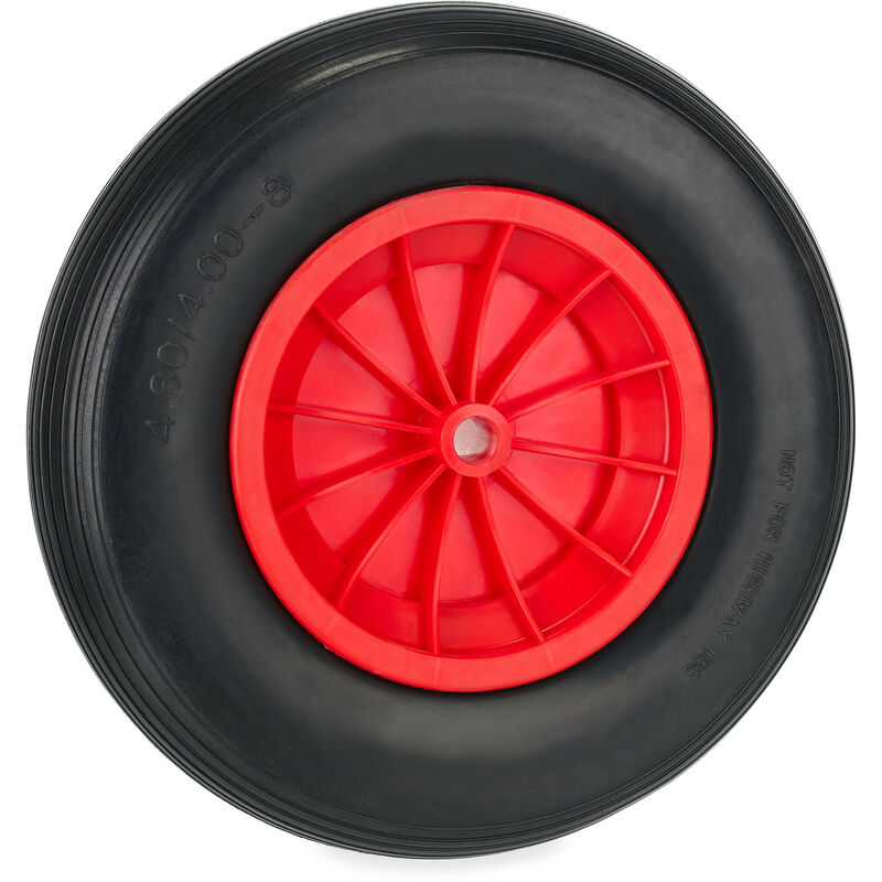 foto del prodotto ruota carriola 4.80 4.00 8, gomma piena antipanne con cerchione in plastica, ruotino fino a 100 kg, nero rosso relaxdays