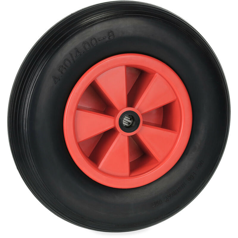 foto del prodotto ruota carriola 4.80 4.00 8, gomma piena antipanne con cerchione in plastica, ruotino fino a 100 kg, nero rosso relaxdays