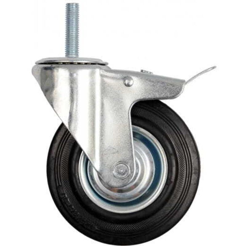 foto del prodotto ruota girevole da 160 mm con gomma nera, freno e perno filettato, cuscinetto. 87335 vorel
