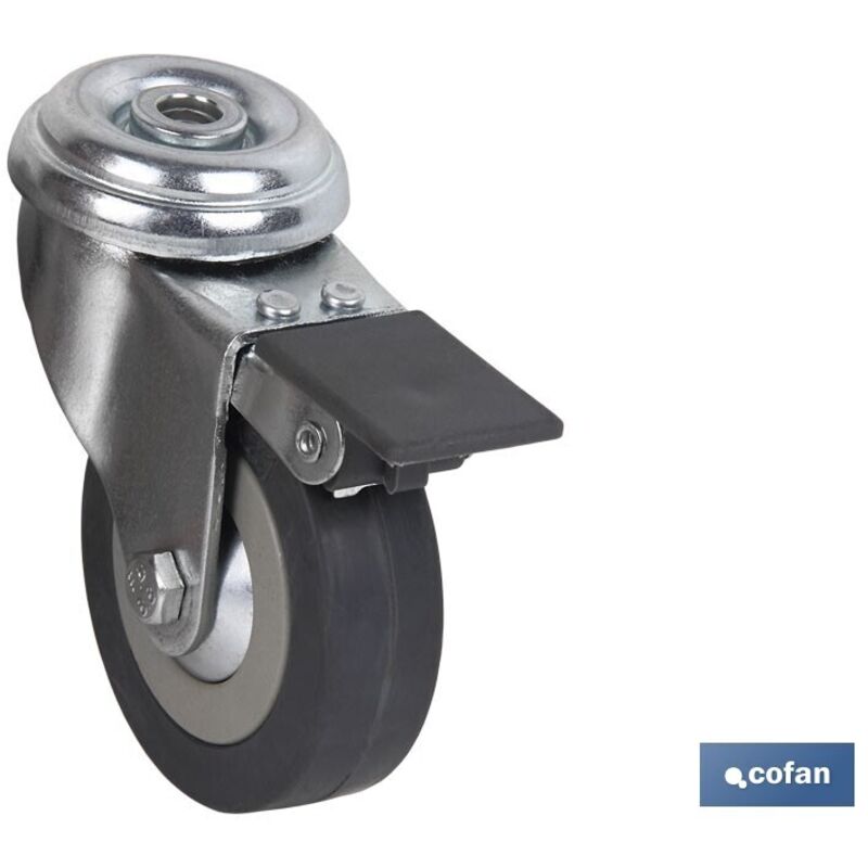 foto del prodotto ruota in gomma grigia con foro passante e freno 65x78,5x22mm realizzata in acciaio zincato e gomma grigia