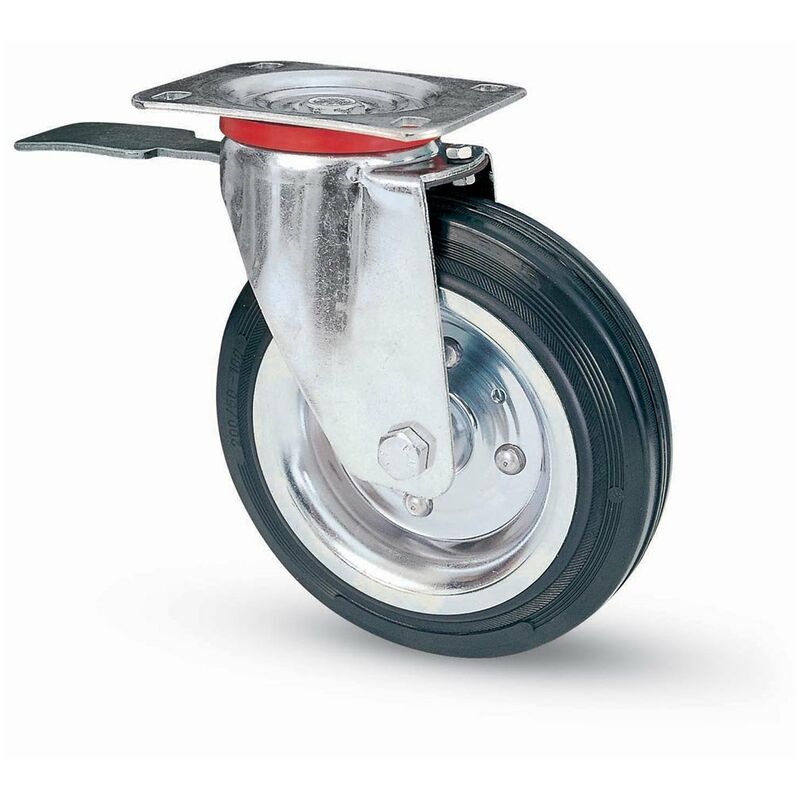 foto del prodotto ruota in gomma per carrello industriale con piastra girevole e freno 150x40 mm