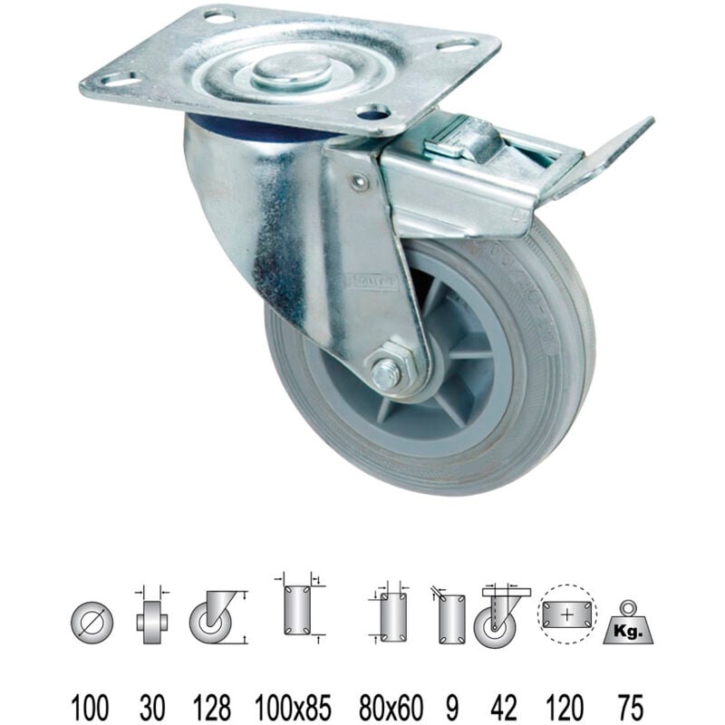 foto del prodotto ruota industriale gomma grigio piatto con freno 100 mm.