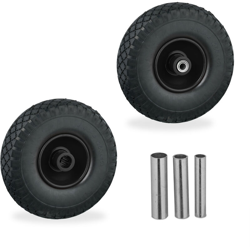 foto del prodotto ruota per carriola 3.00 4, set 2 gomme piene antiforatura, cerchi in acciaio, 3 adattatori per asse, nero relaxdays