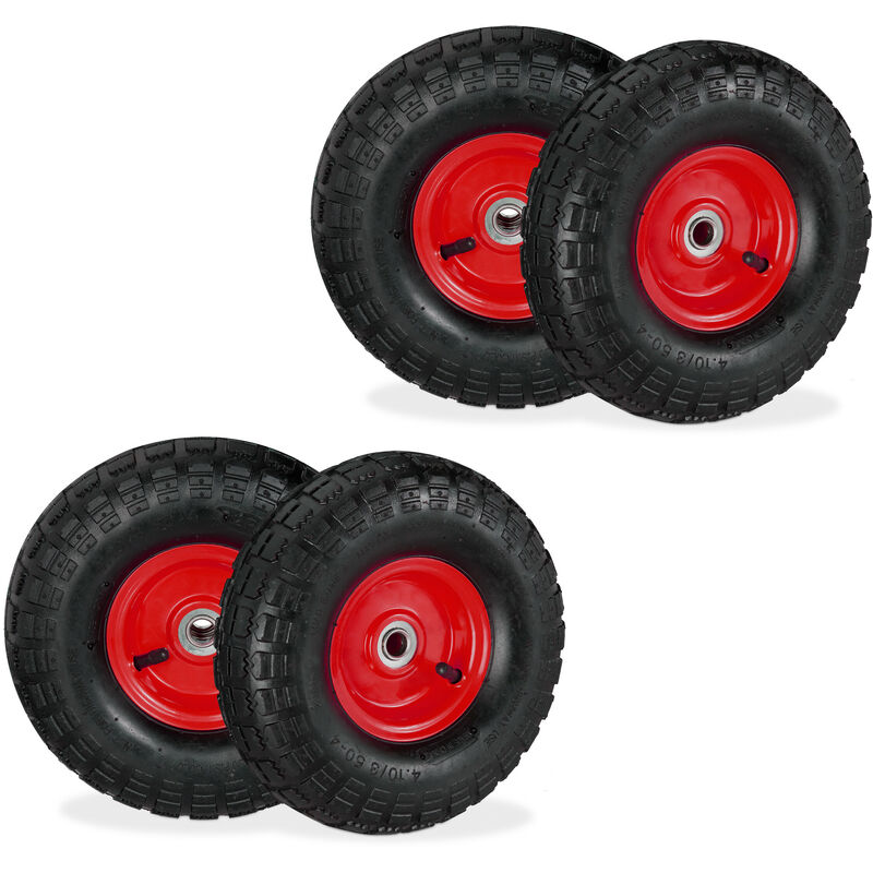 foto del prodotto ruota per carriola 3.50 4, set 4 gomme con camera d aria, cerchione in acciaio, ruotino scorta, nero rosso relaxdays