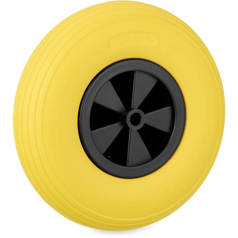 foto del prodotto ruota per carriola 3.50 6, gomma piena, cerchione plastica, ruotino scorta antiforatura, 100 kg, giallo nero relaxdays