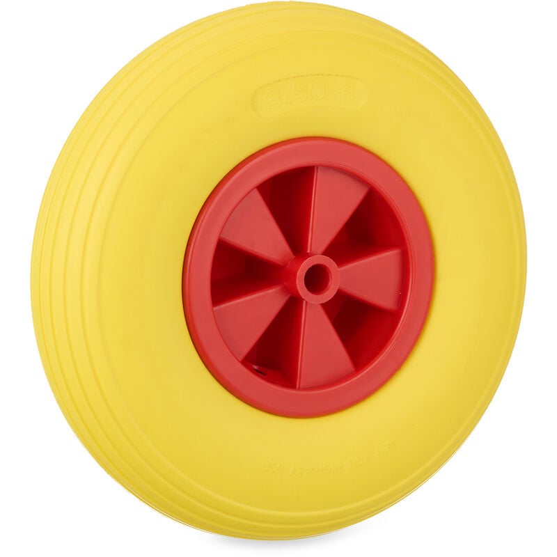 foto del prodotto ruota per carriola 3.50 6, gomma piena, cerchione plastica, ruotino scorta antiforatura, 100 kg, giallo rosso relaxdays