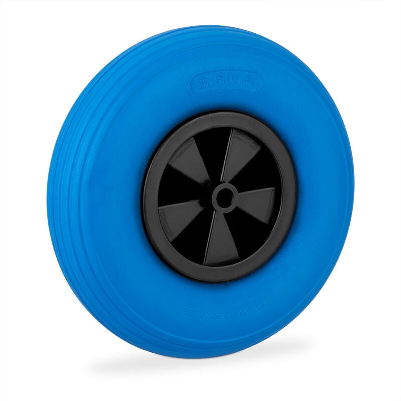 foto del prodotto ruota per carriola 3.50 6, gomma piena, cerchione plastica, ruotino scorta antiforatura, regge 100kg, blu nero relaxdays