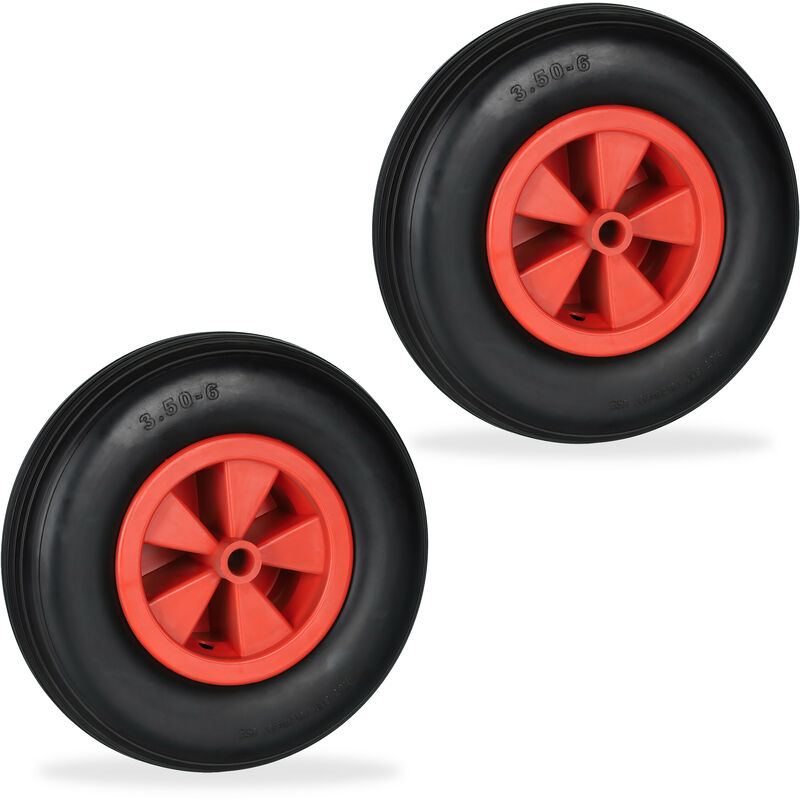 foto del prodotto ruota per carriola 3.50 6, set 2 gomme antiforatura, cerchione plastica, ruotino scorta, 100 kg, nero rosso relaxdays