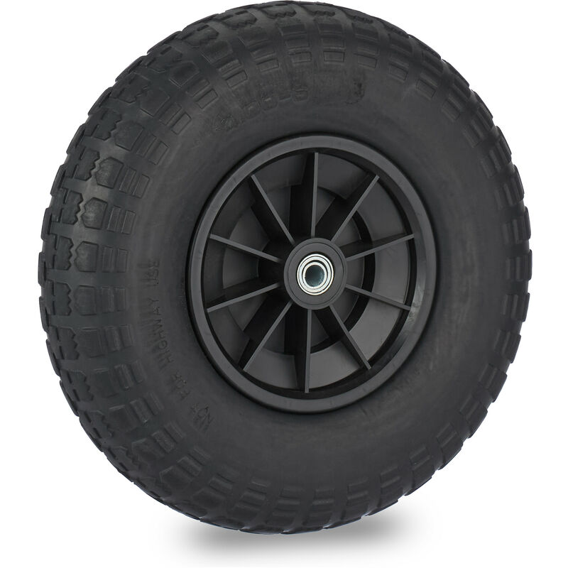 foto del prodotto ruota per carriola 4.00 6, gomma piena antiforatura, cerchione plastica, ruotino scorta, regge 100 kg, nero relaxdays