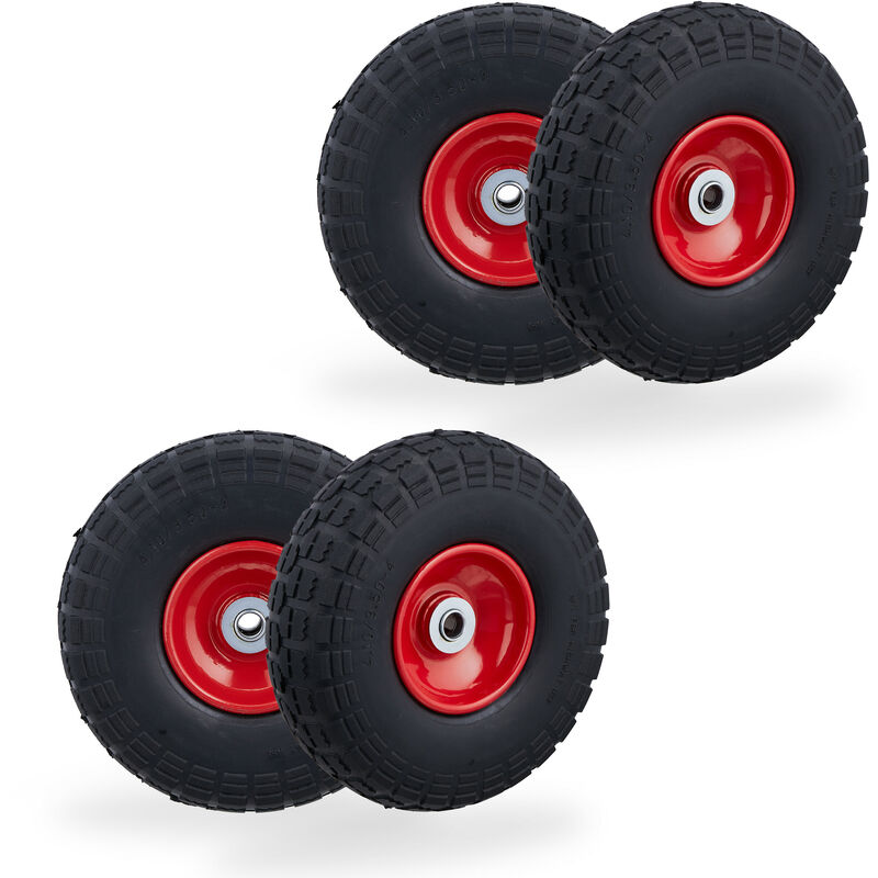 foto del prodotto ruota per carriola 4.10 3.50 4 , set 4 gomme piene antiforatura, cerchi in acciaio, fino a 150 kg, nero rosso relaxdays