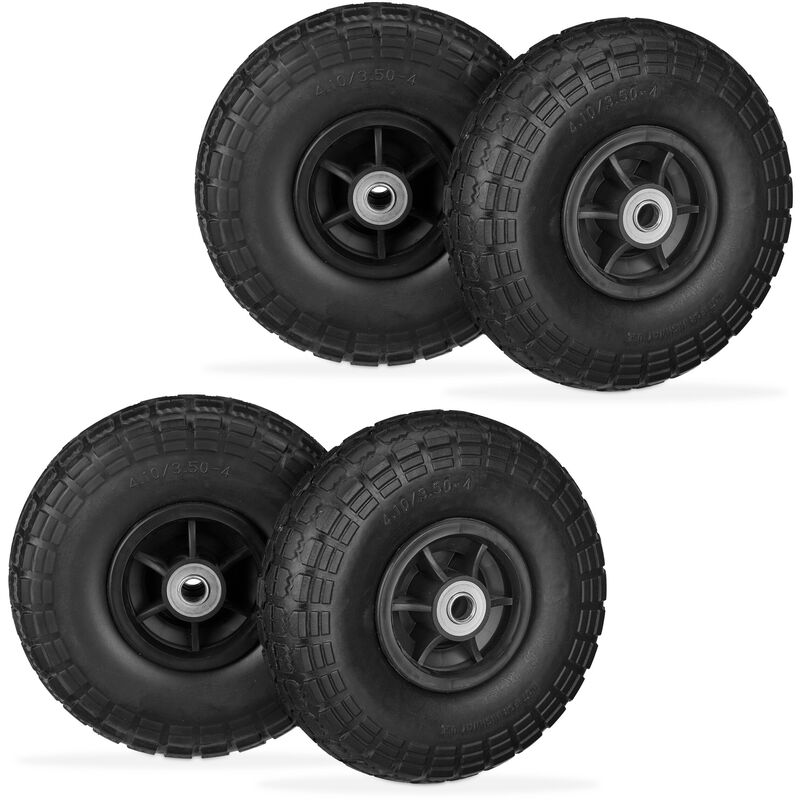 foto del prodotto ruota per carriola 4.10 3.50 4 , set 4 gomme piene antiforatura, cerchi in plastica, fino a 150 kg, nero relaxdays