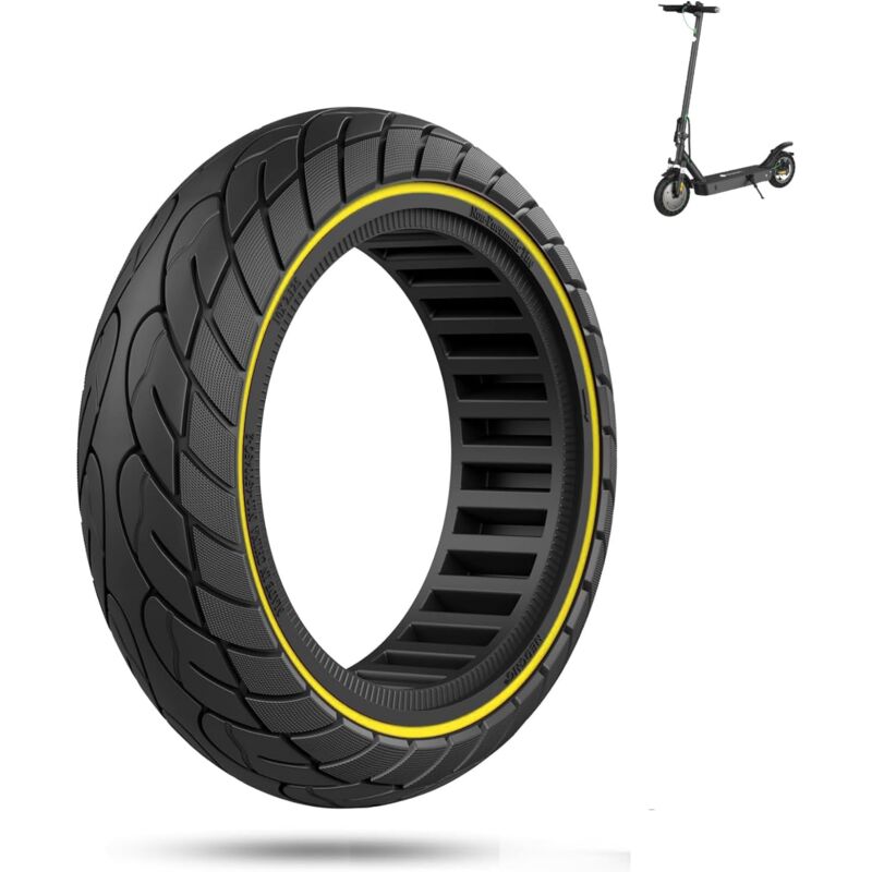 foto del prodotto ruota piena 10x2.125 pneumatico per scooter monopattino elettrico nero con linea gialla 