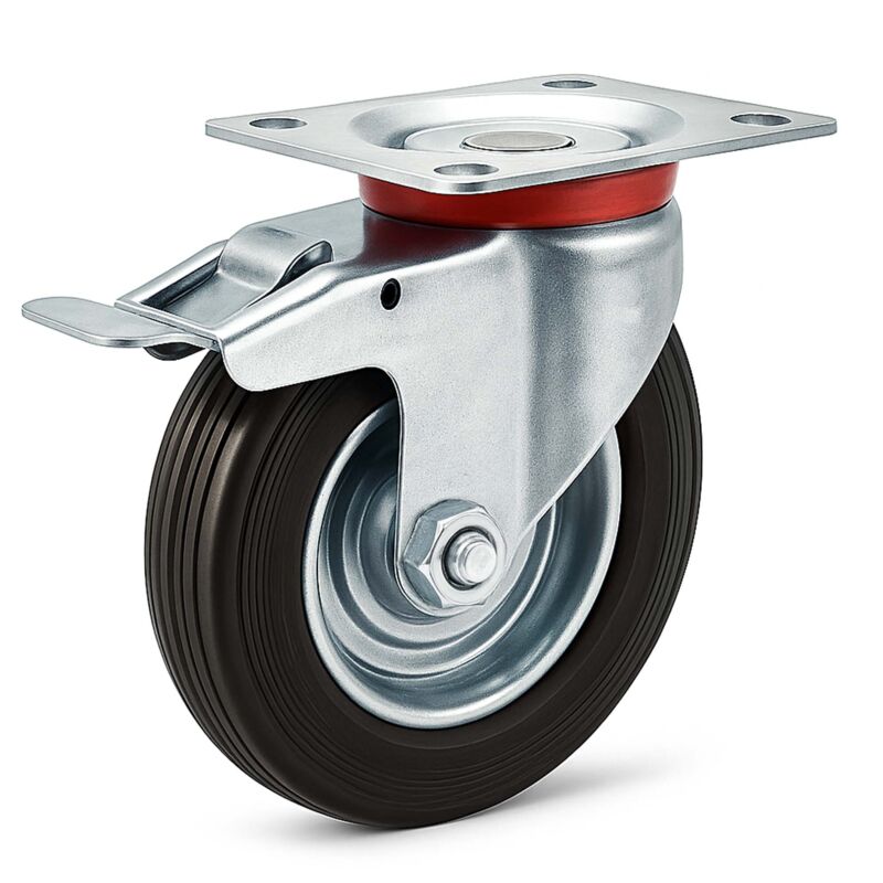 foto del prodotto ruota piroettante doppio stop gomma piena 200mm max 150kg con piastra di montaggio per carrelli, mobili wiltec