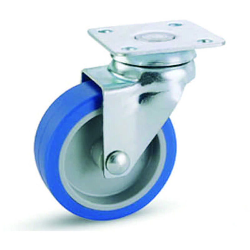 foto del prodotto ruote a forcella in gomma blu sintetica con piastra girevole 221 mm.50x18 piastra mm.40x40 mm.66h. port. kg.20