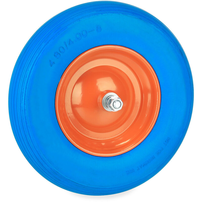 foto del prodotto ruote carriola 4.80 4.00 8 con asse, gomma piena, cerchione in acciaio, antiforatura, carrello, blu arancione relaxdays