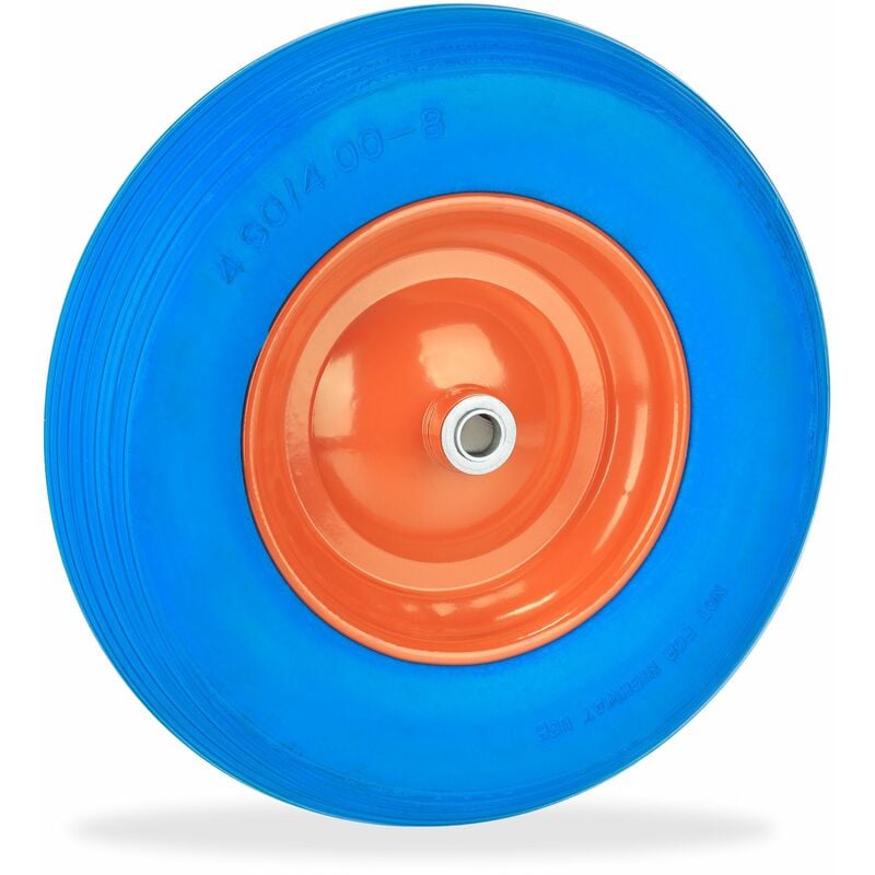 foto del prodotto ruote carriola 4.80 4.00 8, gomma piena con cerchione in acciaio, antiforatura, da carrello, pu, blu arancione relaxdays