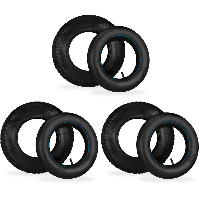 foto del prodotto ruote di ricambio per carrello con camere d aria, set 3 pneumatici carriola 3.50 8, profilo, fino 154 kg, nero relaxdays
