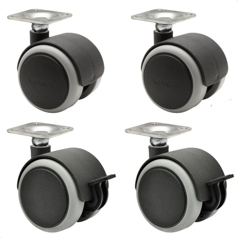 foto del prodotto ruote per mobili set da 4 ruote doppie soft diametro 50 mm, battistrada morbido, piastra avvitata 42 x 42 cm, 2 con freni, portata 50 kg ruota