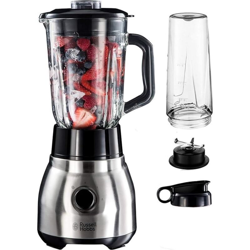 foto del prodotto russell hobbs frullatore elettrico 2 in 1 frullatore in vetro da 1,5 l e bicchiere mixer in vetro da 0,6 l portatile lavabile in lavastoviglie,