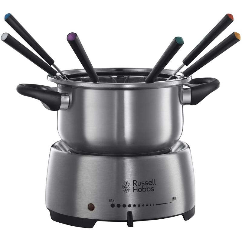 foto del prodotto russell hobbs set per fonduta fonduta di formaggio fonduta di cioccolato temperatura regolabile, fondue, 6 forchette colorate, pentola acciaio