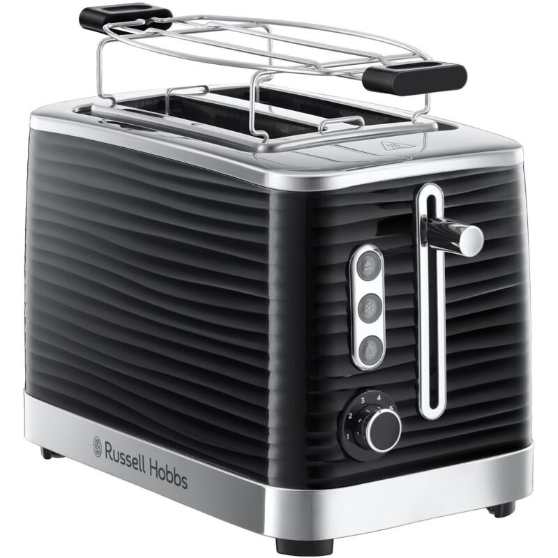 foto del prodotto russell hobbs tostapane nero 2 fette struttura lucida color nero fessure per toast extra larghe 6 livelli di doratura funzione di scongelamento